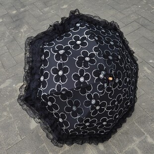 黑色蕾丝亮片太阳伞防紫外线二折黑胶晴雨两用防晒高档公主洋伞