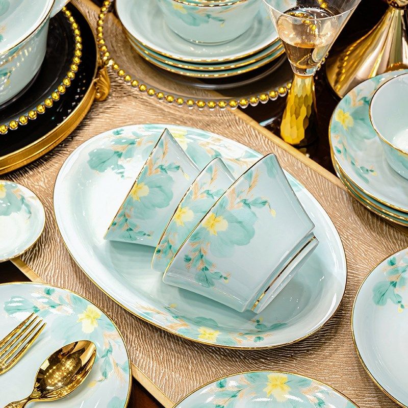 青瓷餐具整套釉下彩碗碟套装家用高端餐具套装陶瓷碗盘乔迁送礼,餐饮具,餐具瓷器套装,淘宝优惠券,粉丝福利购,淘宝优惠卷