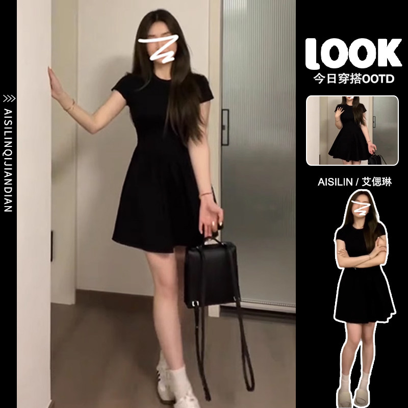 速发法式感本风黑色连衣裙子夏02季24新款小个子设计赫收腰气质短