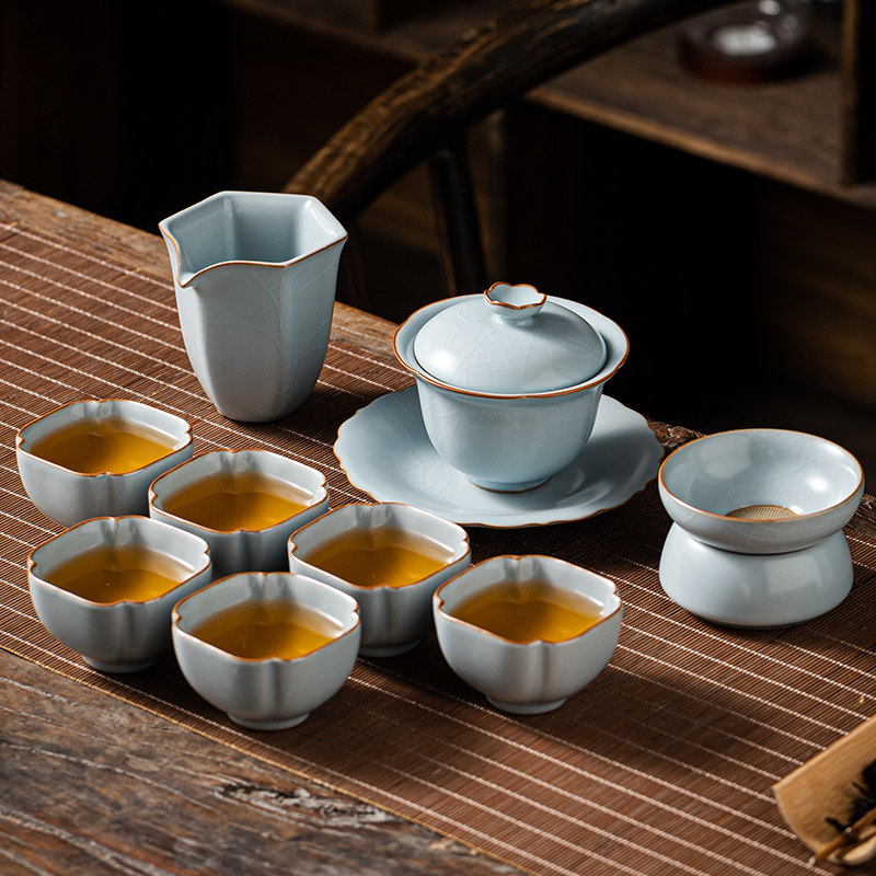 速发高中轻奢汝窑功夫茶具套装家用礼公盖碗茶杯子整套端式陶瓷办