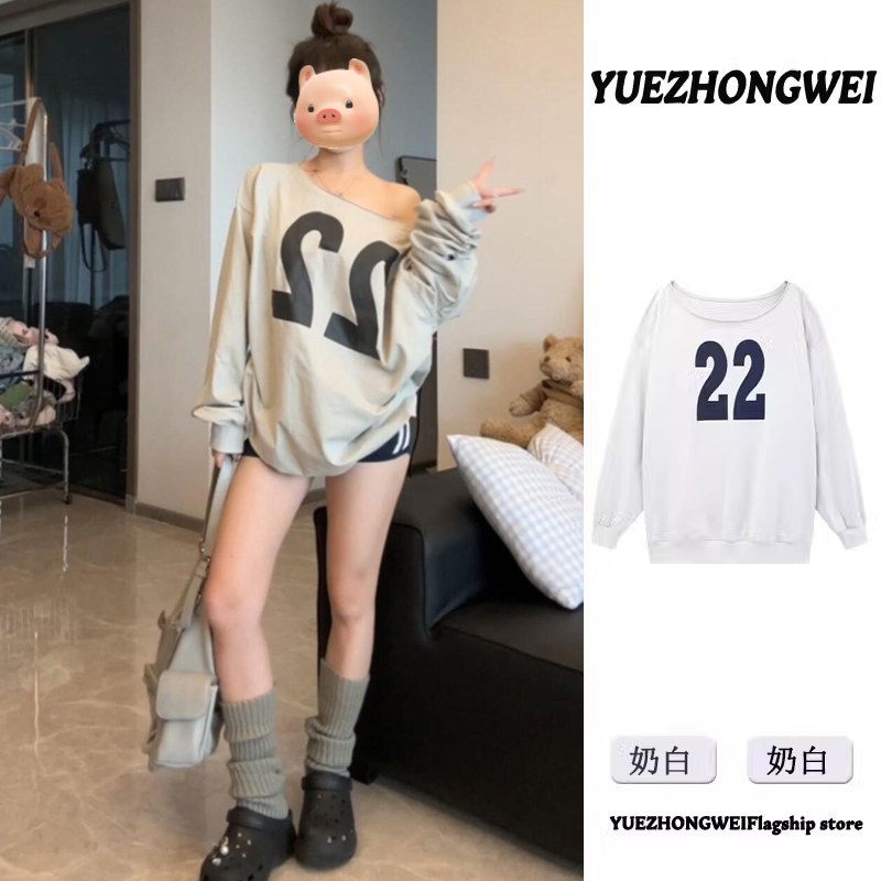 速发美式款母花印斜肩卫衣2024早新字宽松露肩套头长袖T恤上衣