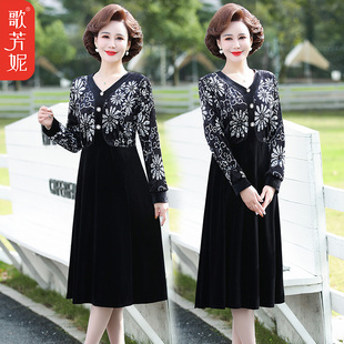 速发妈长装金丝绒连衣裙装春装中老年妈中款打底衫长袖中年宽松大