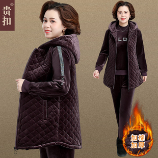 速发中年妈妈冬装外套加厚加码卫衣大绒新款中老年运动服套装秋冬