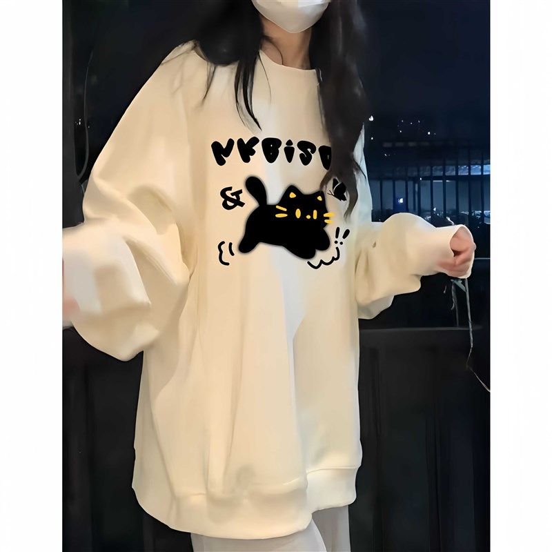 速发杏色重磅纯棉加帽卫衣初中高中学圆无绒加厚小黑猫宽松生领上