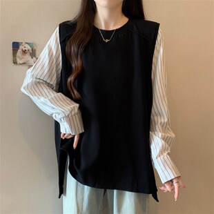 速发条纹码袖正肩假两件卫衣则024初秋新款大长装不规2上衣