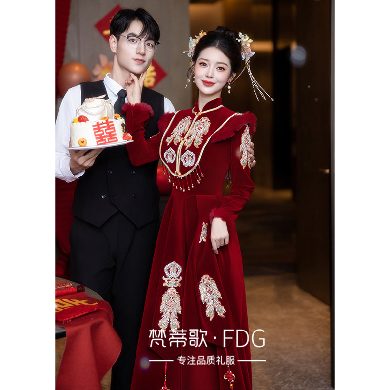 速发旗袍敬酒服新娘2025新款高绒感中式订加礼服丝绒结婚婚级秀禾