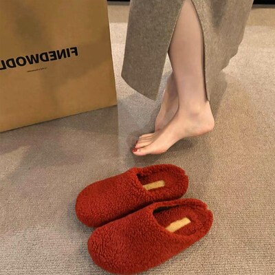 小众红色毛毛鞋拖鞋女鞋子t外穿新款秋冬季复古加绒棉鞋包头半拖
