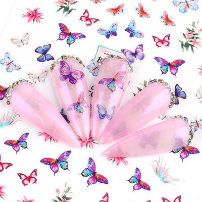 极速3D Butterfly Nail Arut Stickers Adhesive Sliders Colorfu