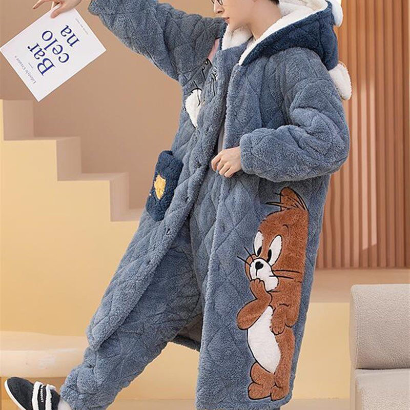 新品睡衣男款秋冬季珊瑚绒三层夹棉加厚加绒睡袍R青少年男士家居