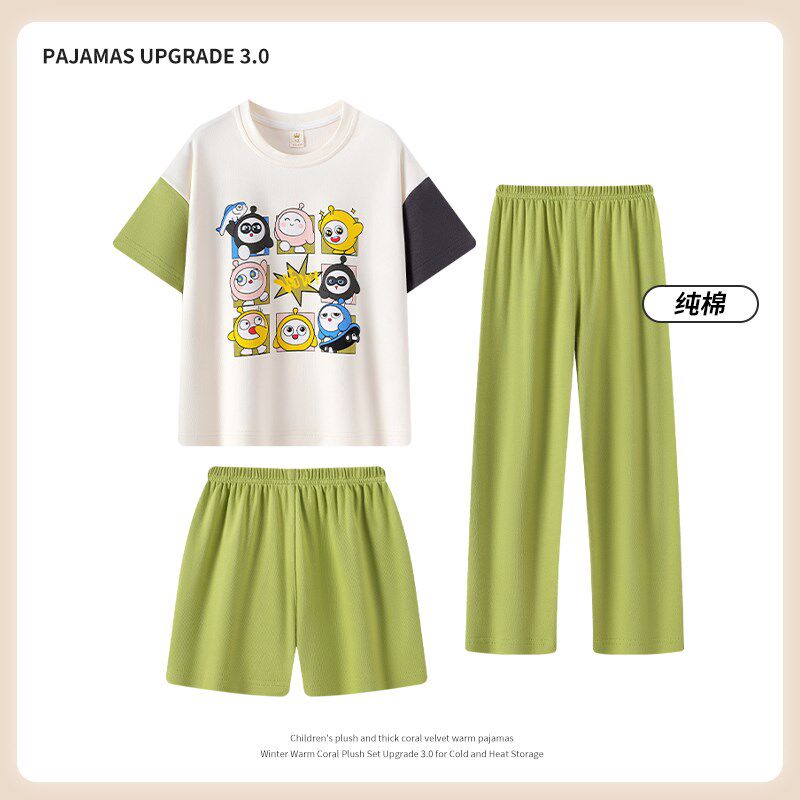 新品儿童睡衣春夏季女童短袖三件套纯棉卡通N休闲小女孩亲子空调