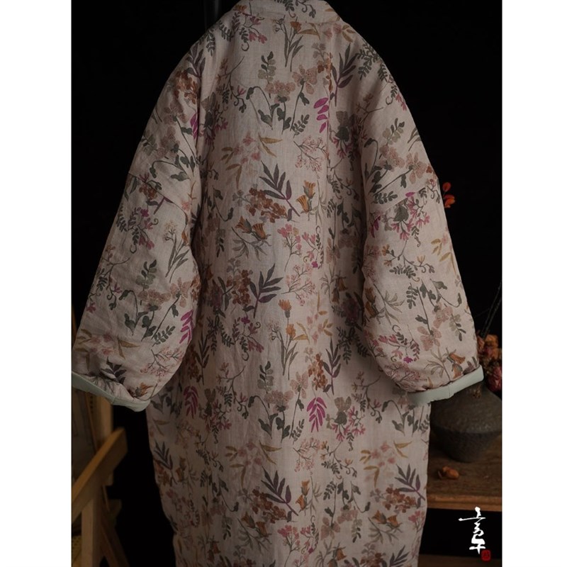 文艺复古碎花夹棉袍子棉服女冬季中式立领盘O扣改良旗袍裙长款棉