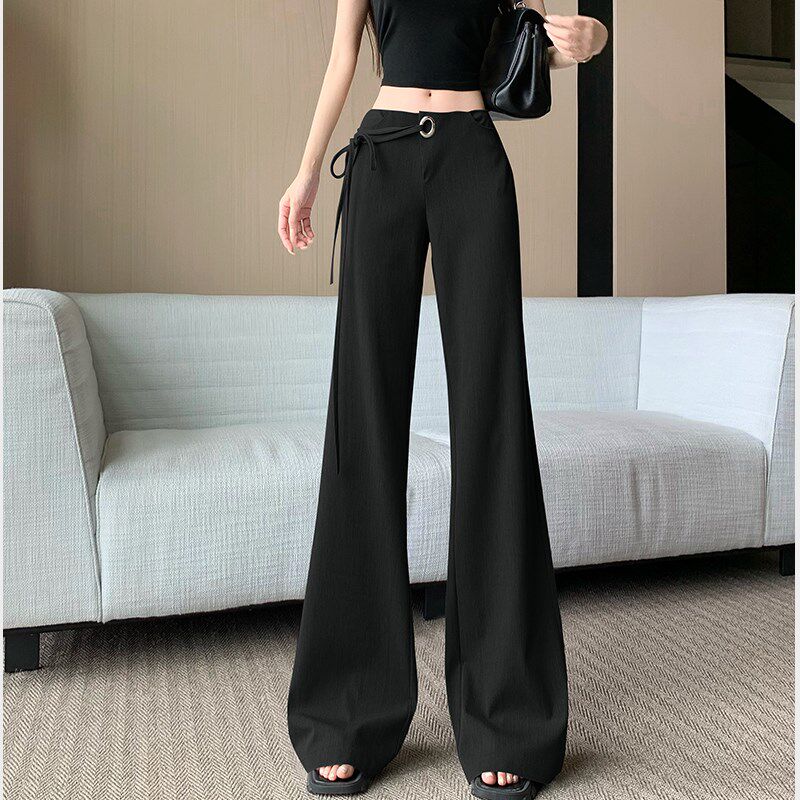 新品灰色b西装阔腿裤女夏季设计感美式绑带低腰休闲裤垂坠感拖地