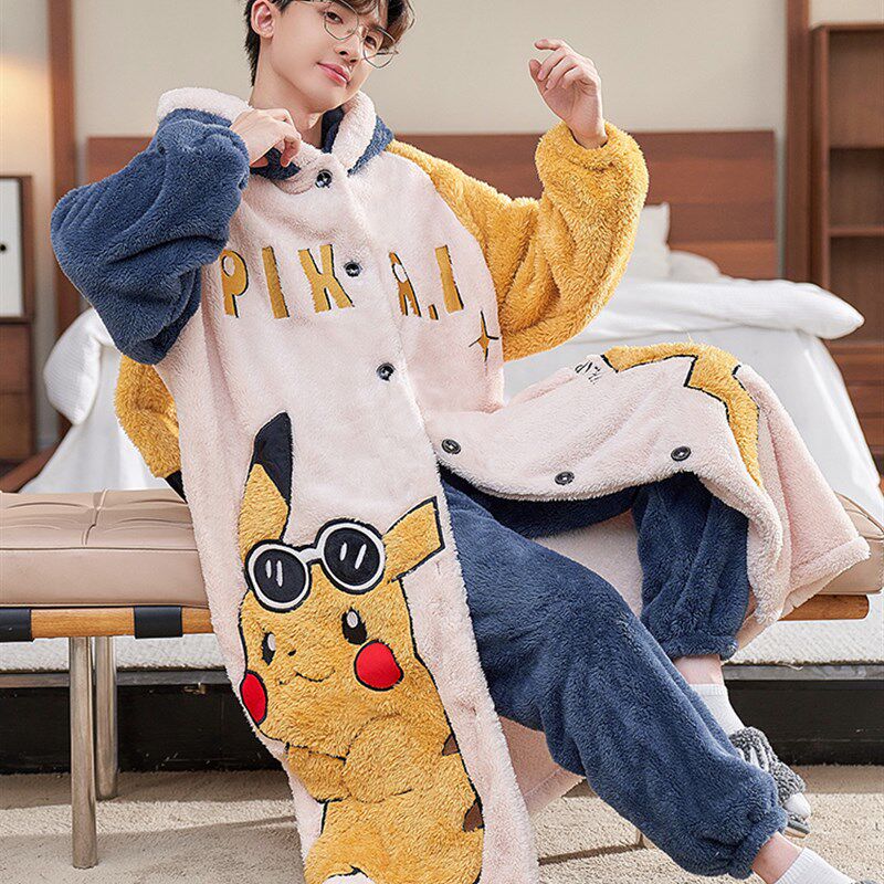 新品男士睡衣秋冬款加厚加绒珊瑚绒睡袍套装冬季男款X法兰绒浴袍