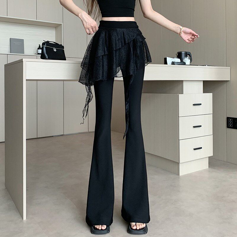 新品黑色微喇西装裤女夏季不规y则蕾丝花边拼接屁帘高腰裤裙垂感