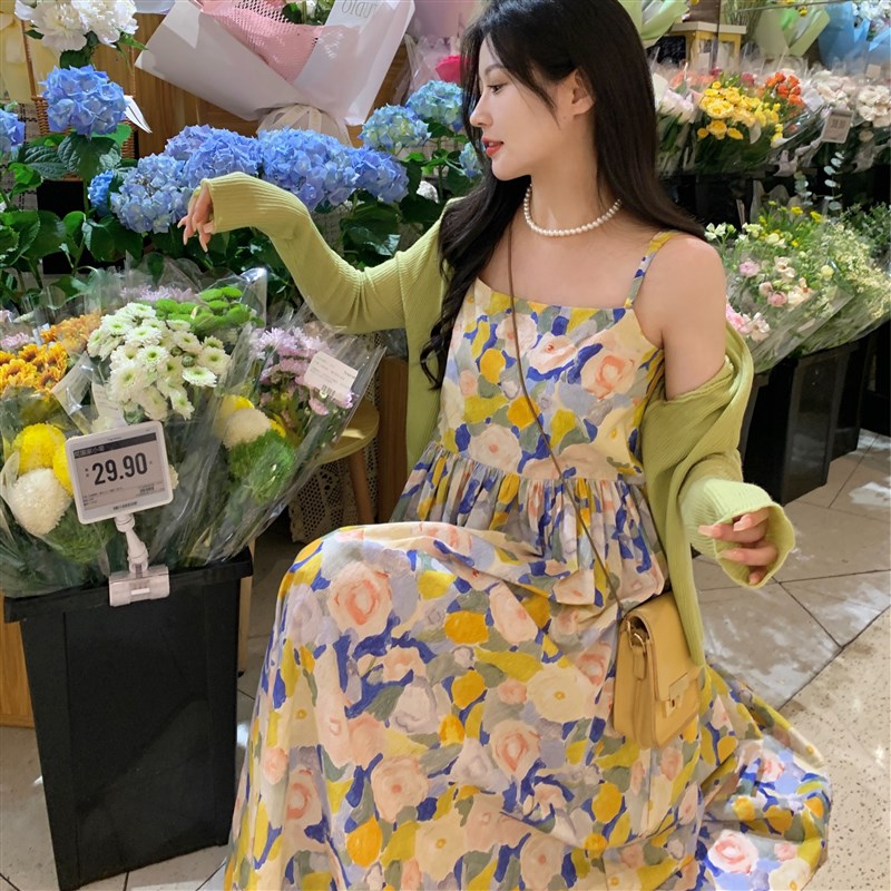 新品海边度假风连衣裙大码胖wmm收腰显瘦油画裙碎花吊带裙外搭裙图片