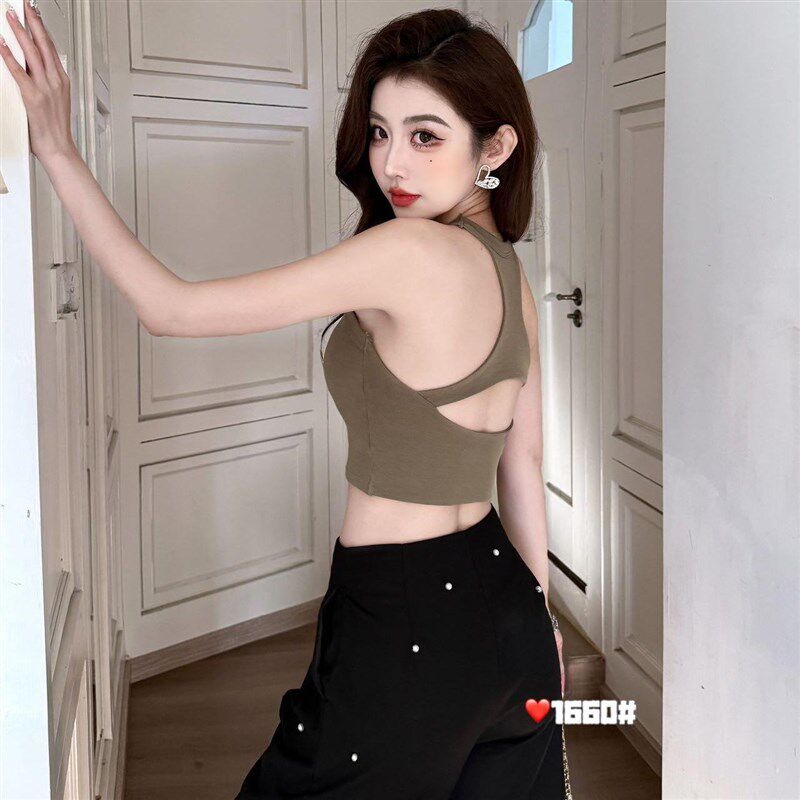 新品纯色吊带小背心女外r穿夏季带胸垫美背内衣内搭无袖挂脖式运