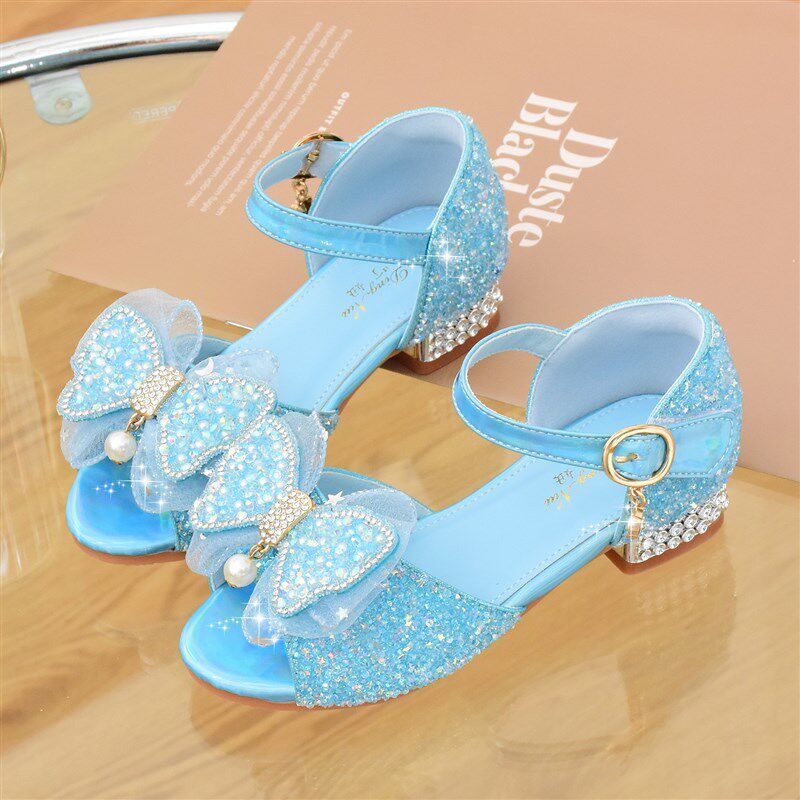 新品女童公主鞋凉鞋夏季小孩儿童带钻高跟鞋女宝软V底中大童白色