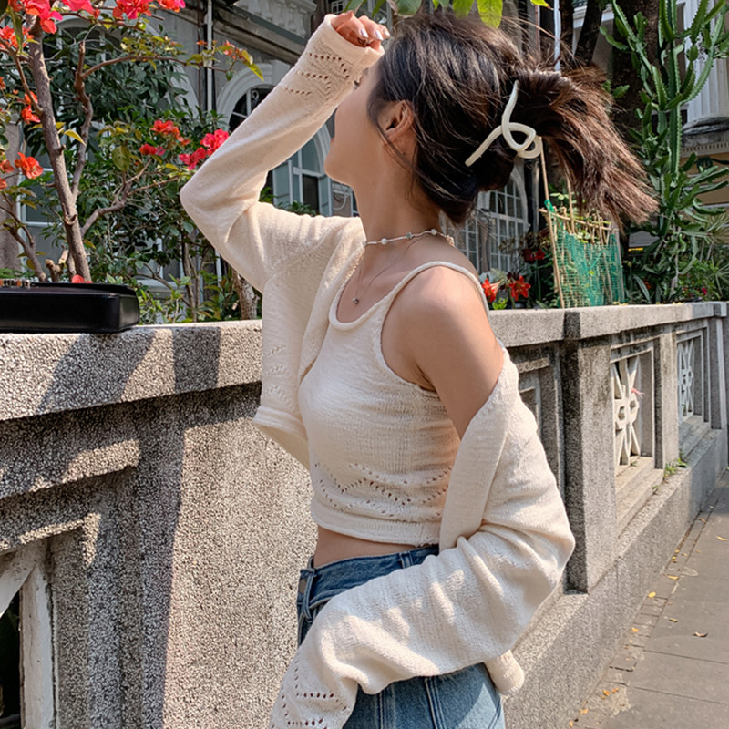 速发吊带背心女早秋季2023新款内搭外穿针织开衫两件套装初秋短款
