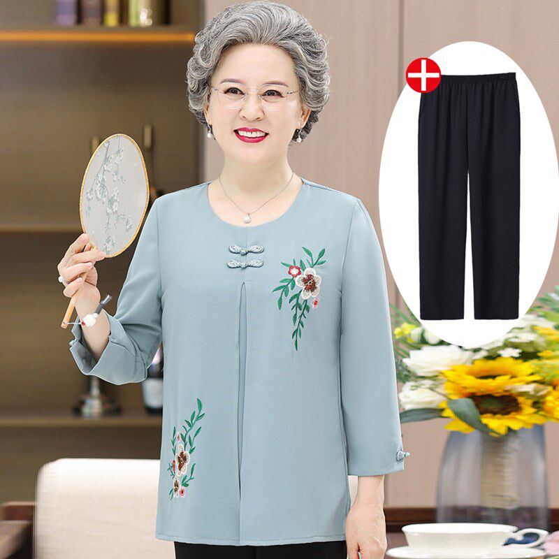 极速中老年人女装夏装套装奶奶装上衣6F0-70岁妈妈假两件老人衣服