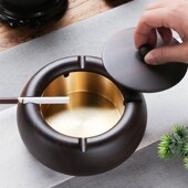 极速烟灰缸创意个性 金属铜 潮流客厅家用黑檀实木K带盖防飞灰中式