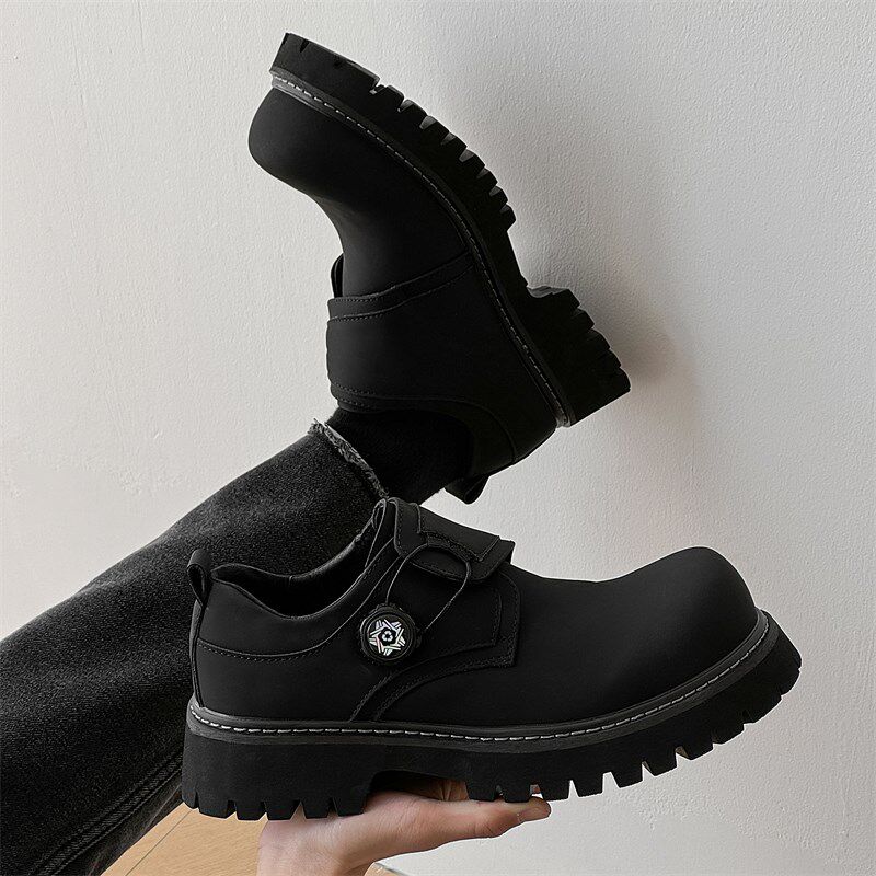 新品圆头皮鞋男款休闲厚底增高无鞋带一脚K蹬乐福鞋黑色雾面磨砂