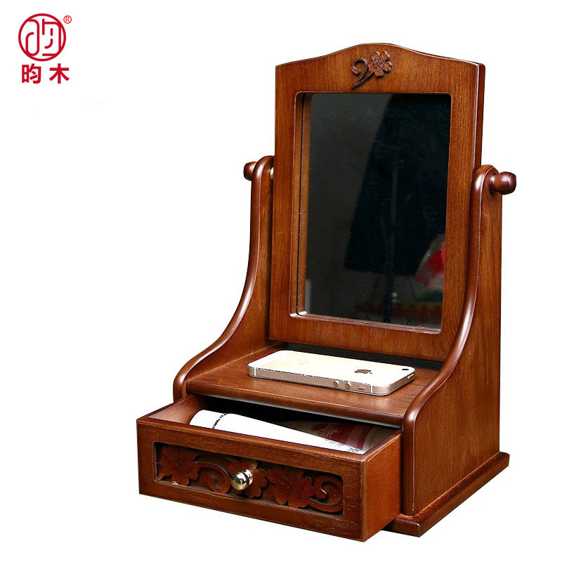 速发台式化妆镜大号木质360度翻转镜子中式复古梳妆镜一体收纳盒