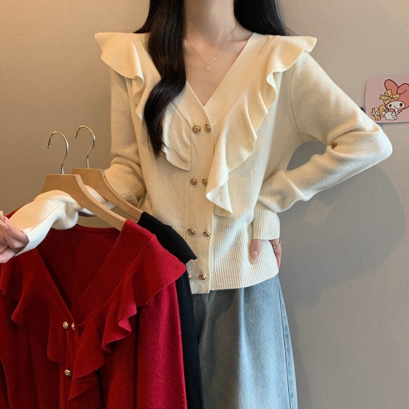 大码女红色本命年毛衣针织衫2025春季新款胖mmV领荷叶.边打底上衣
