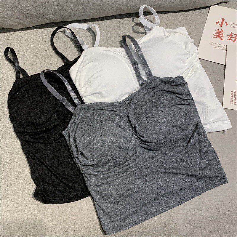 新品白色小吊带背心女q春秋外穿带胸垫美背内衣内搭短款打底辣妹