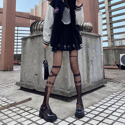 新品20242024渔网袜女黑色拼接丝袜网格春秋薄U款jk连体网红