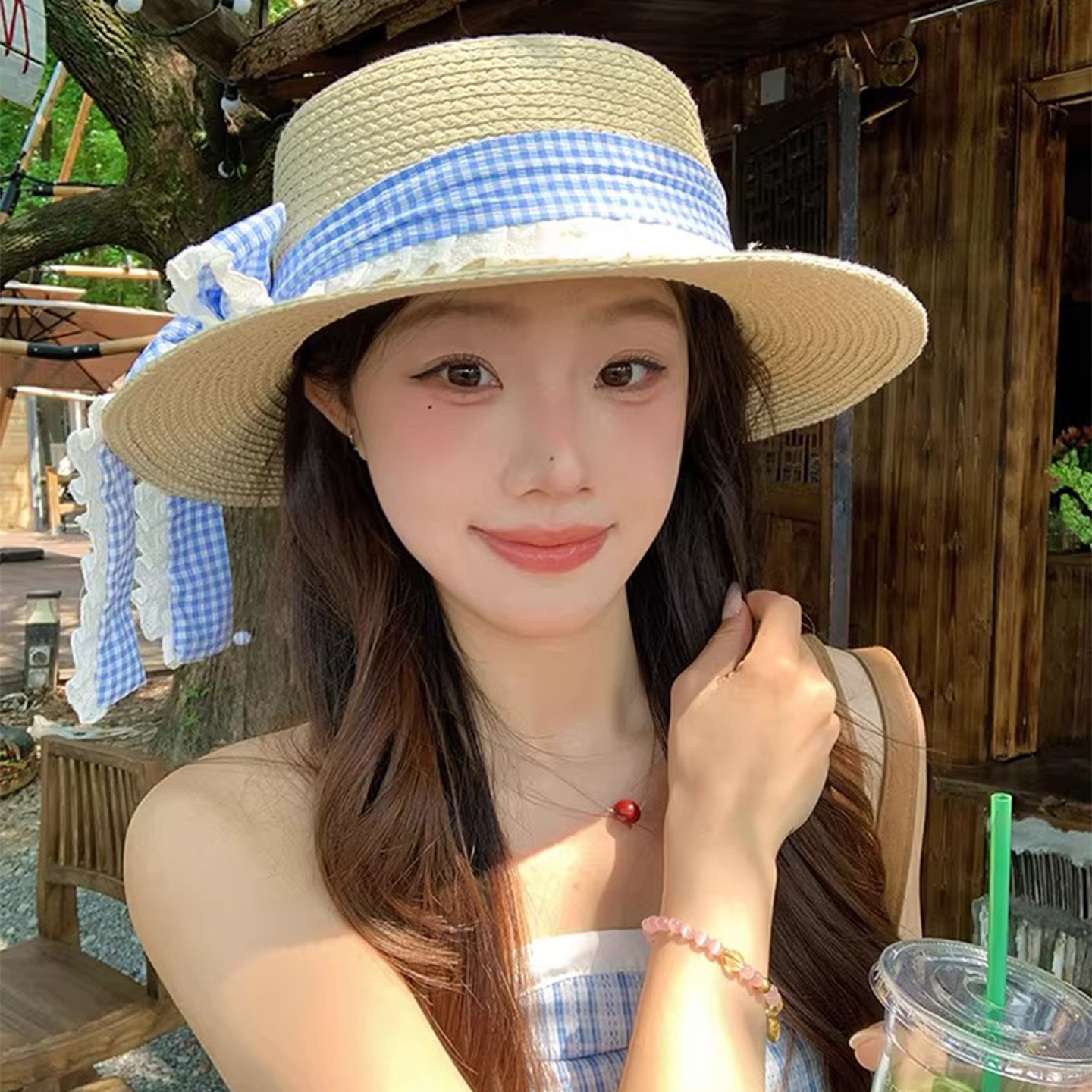 LVURT蝴蝶结系带度假草帽女