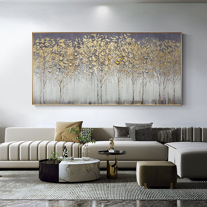 极速微喷晶瓷客厅沙发背景v墙挂画轻奢金箔壁画发财树装饰画横版图片