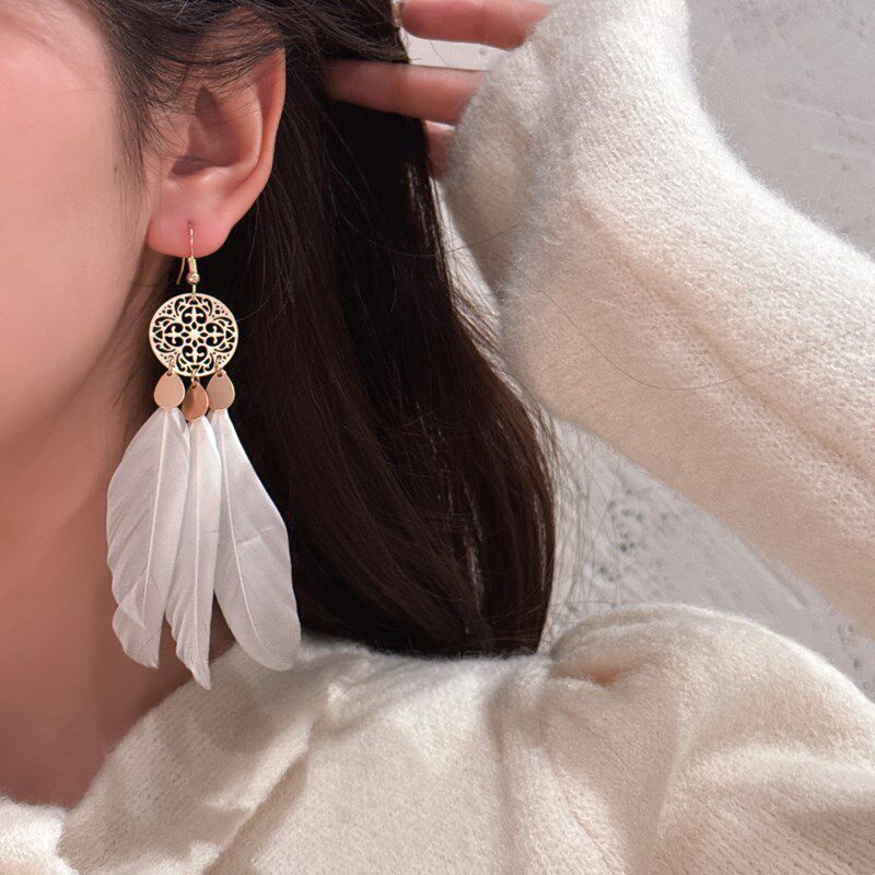 极速春夏民族风设计感超仙白x色羽毛长款耳坠创意小众甜美耳环耳