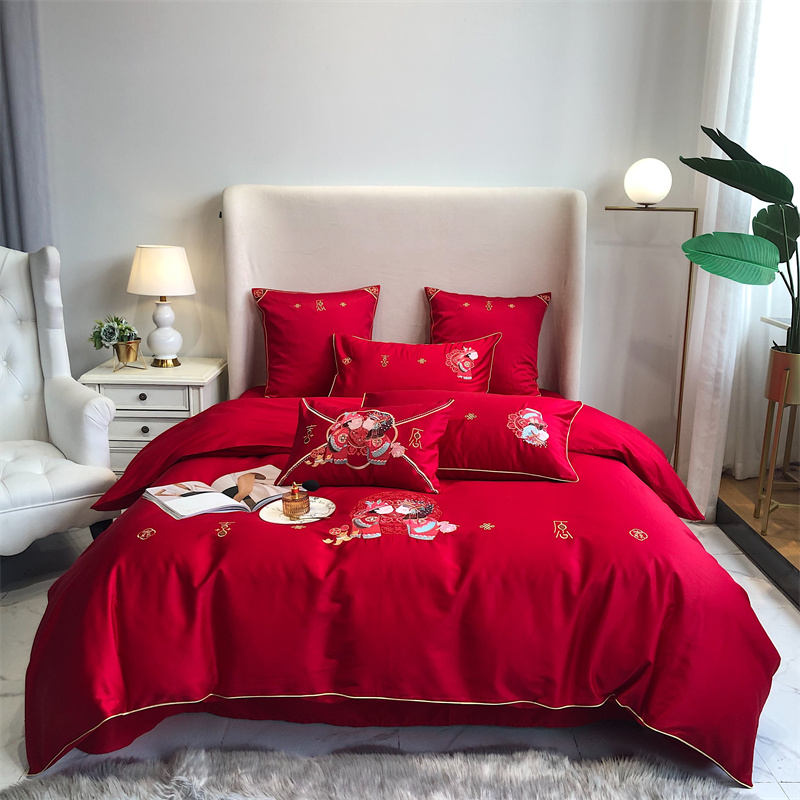 极速婚庆结婚喜被k长绒棉刺绣四件套纯棉被套床单全棉新婚陪嫁床