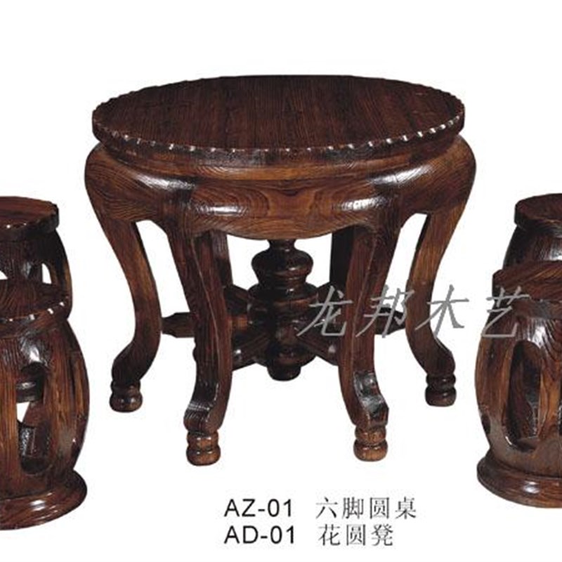 极速AZb-01六脚圆桌 仿古桌椅 庭院田园桌椅 碳化防腐实木桌子吧