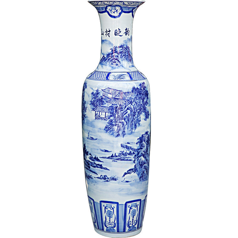新品景德镇陶瓷h器手绘青花山水画山村晓韵落地大花瓶家居客厅酒