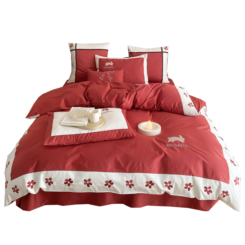 极速可爱兔兔刺绣新婚庆四件套全棉100K支长绒棉红色结婚被套床单