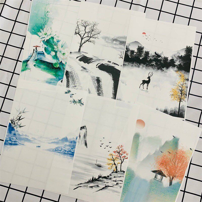 速发A4复古横板信纸文艺古风可打印水墨画山水风景传统作品信笺纸