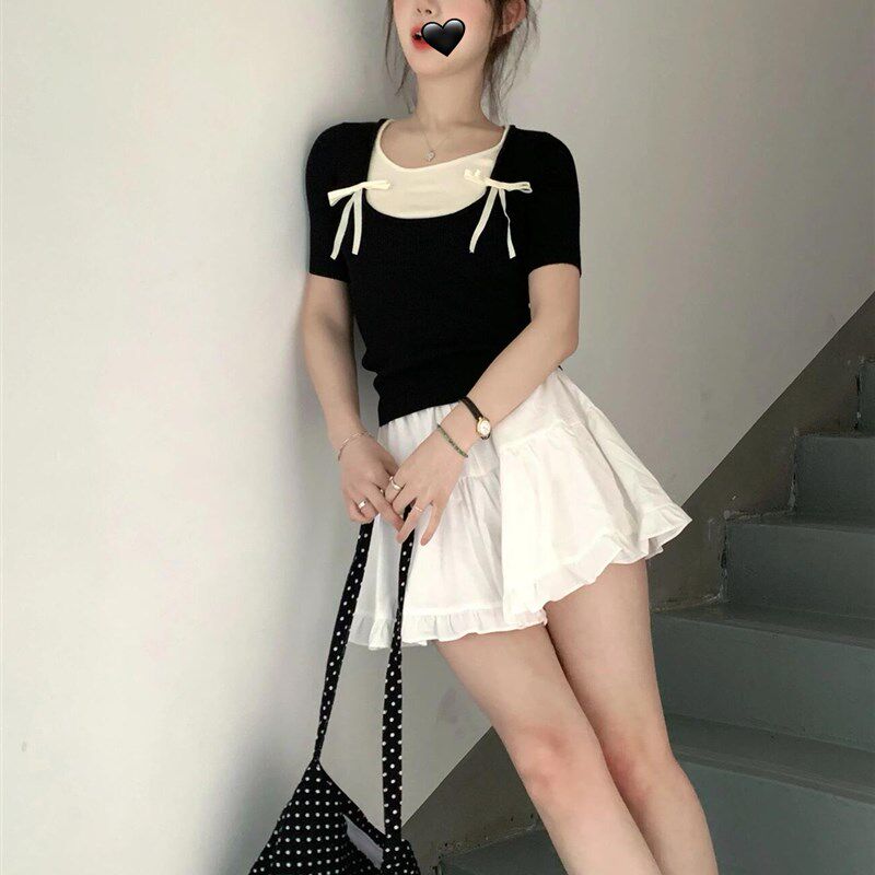 速发件蕾风黑色假两芭针织结恤夏季新款蝴蝶T甜妹短款上衣