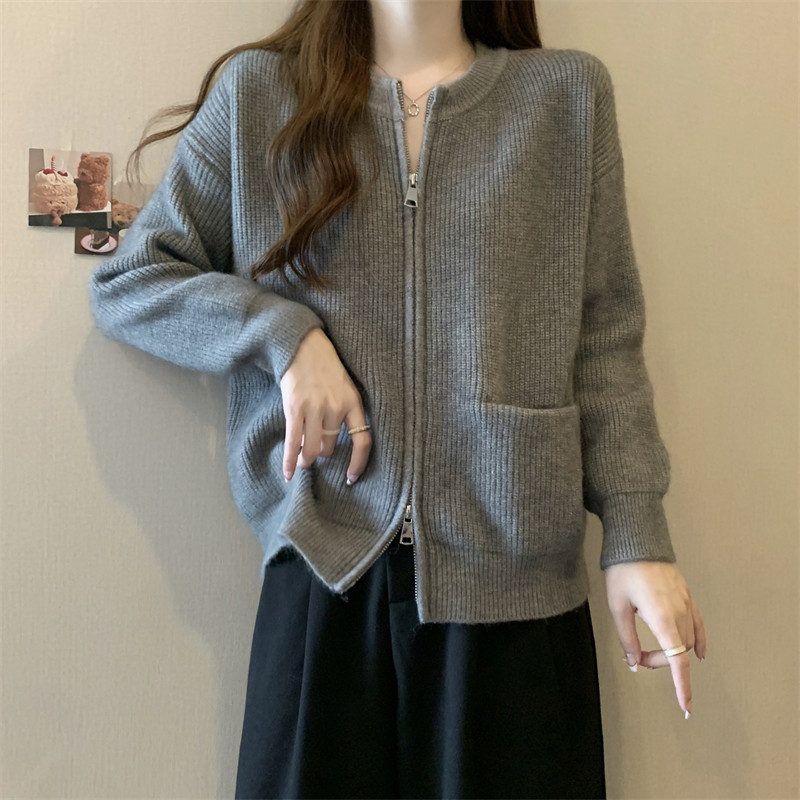 速发大码2024新款秋冬法式复古宽松遮肚懒拉链毛衣慵子针风织外套