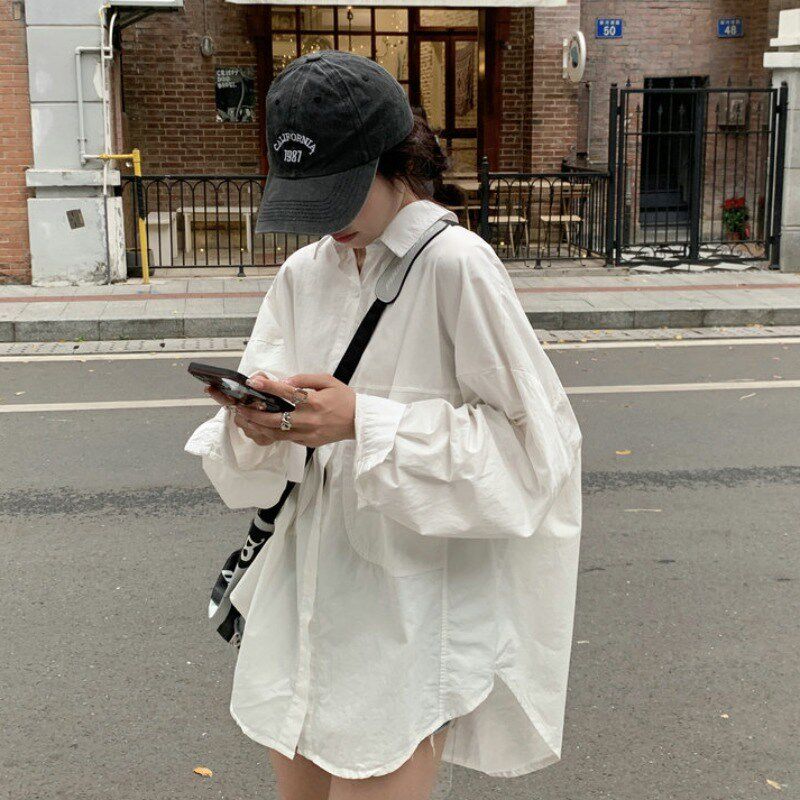 速发设计风小上白色防晒春夏薄款宽松慵懒感衬衣外套中长款众衣