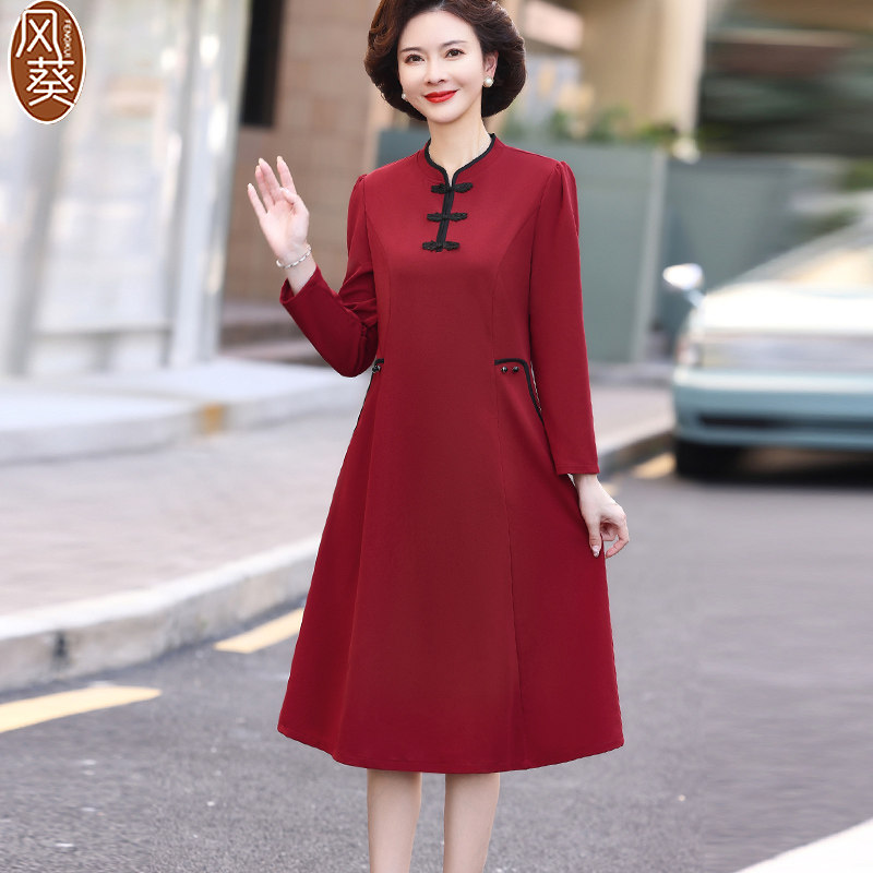 速发喜婆婆妈妈婚宴装旗礼平时可穿十月中婚袍服结老年长袖红色连