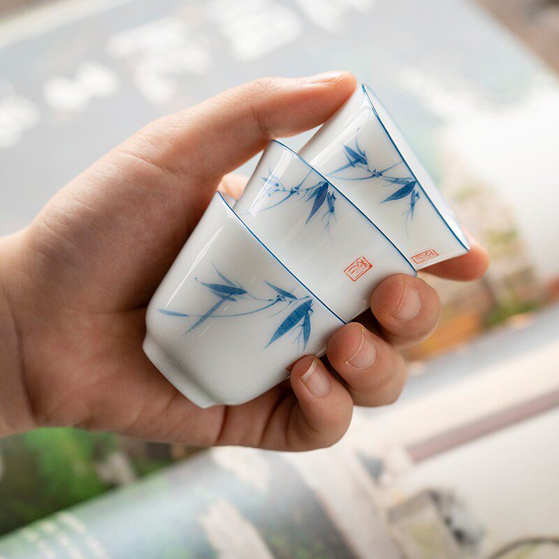 速发甜白手绘兰竹闻香杯杯陶瓷功夫小茶杯单杯主人茶茶具