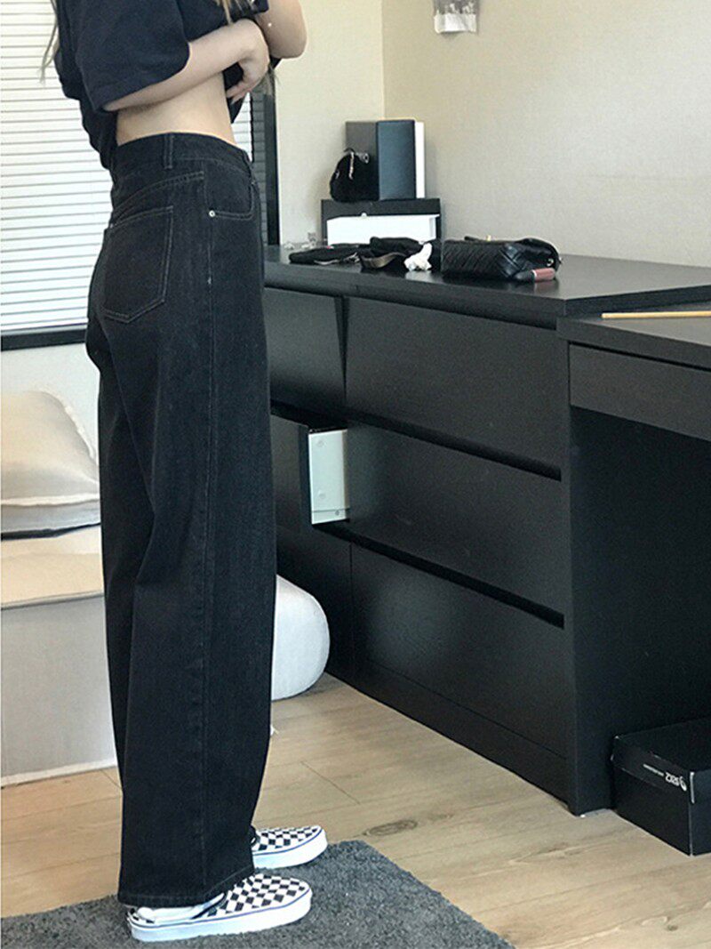 速发大码黑色直筒牛仔裤春秋胖妹妹梨高身材裤子宽松形腰筒直裤