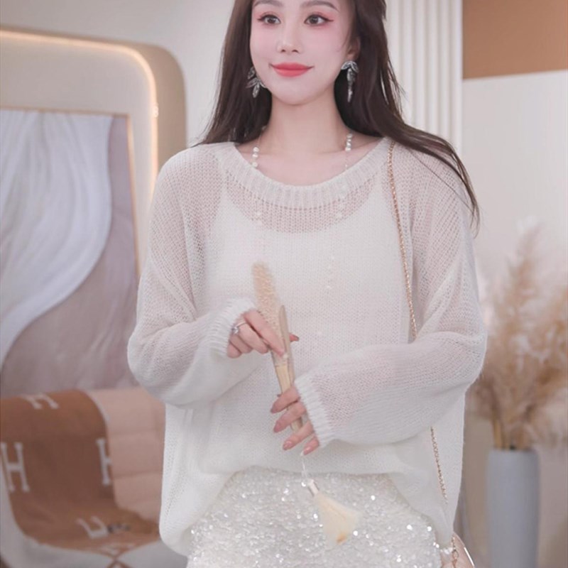 韩系早秋温柔风软糯毛衣女宽松薄上衣慵懒高级感微透马海毛针织衫