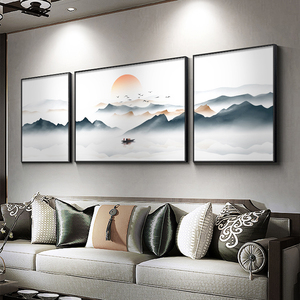速发新中式画厅装饰画简约沙发背景墙挂画三水壁客高档大气山联画
