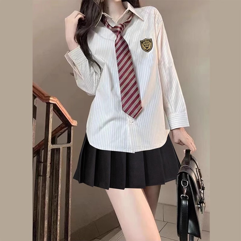 速发学院j风k制服条纹春长袖衬衣设计感小众上衣百褶裙套装