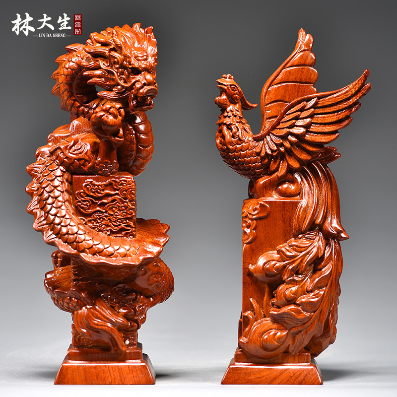 速发花凤木雕龙梨呈祥摆件工对实木家居客厅红木一艺品结婚礼物