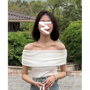 速发锁骨一辣肩上衣感端白色漏肩别致绝美法式高级高甜字妹t恤