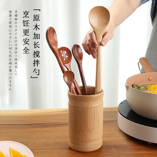 速发日式 柄意木质长创汤勺搅拌勺商用火锅勺加长木汤勺甜拌蜂蜜搅