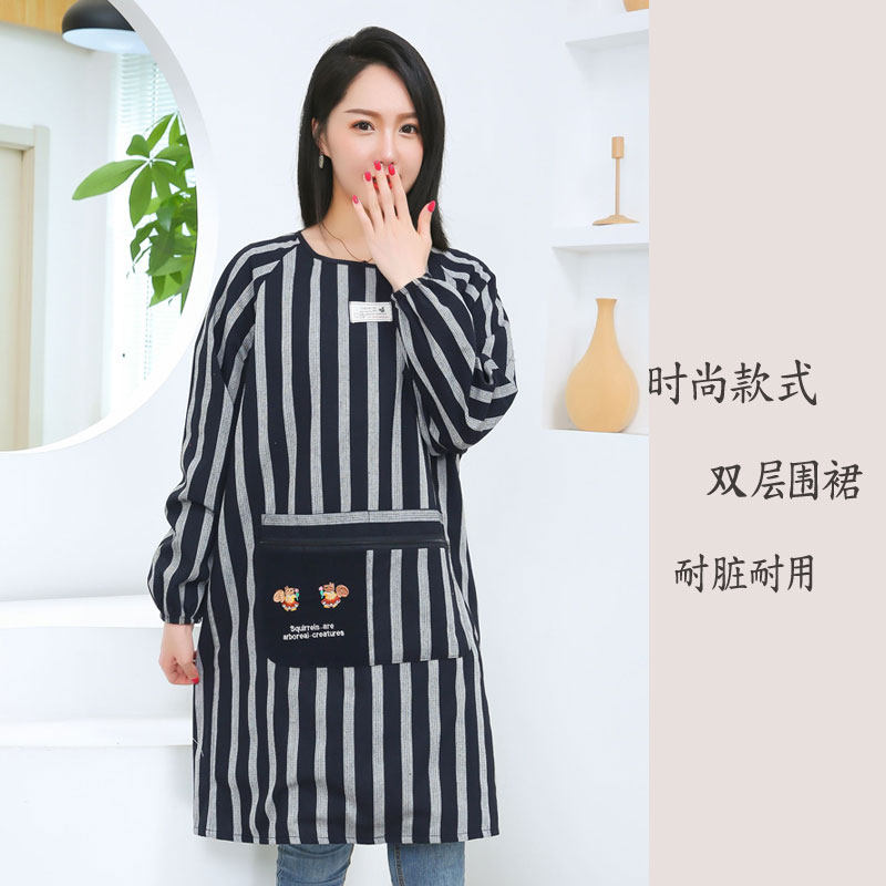 速发时尚新款纯棉长袖围裙双层微防水家房工用罩衣士围腰厨作服耐